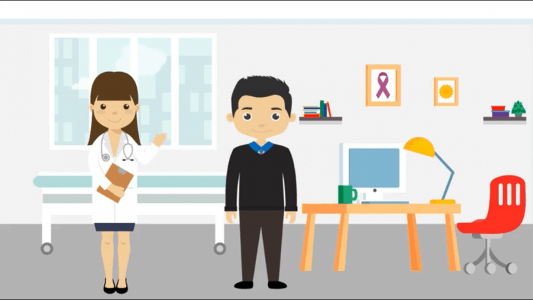 Cartoon picture of a doctor speaking to a patient